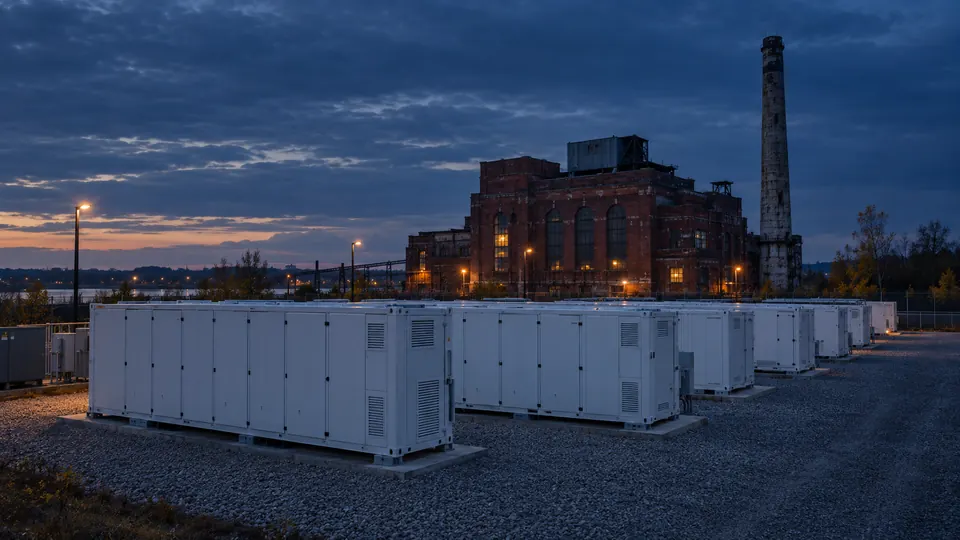 Battery storage containers in front of an old power plant