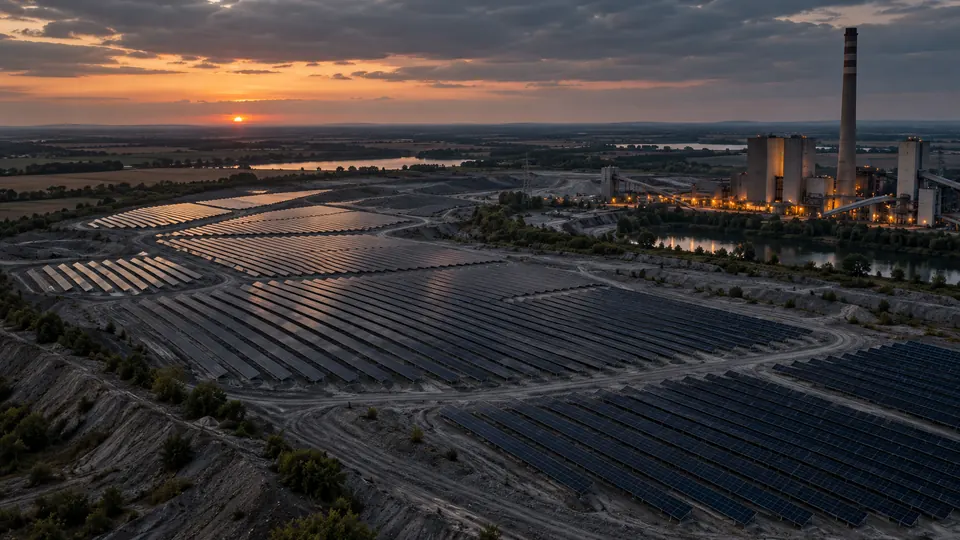 Solar panels on a former ash deposit next to a power plant