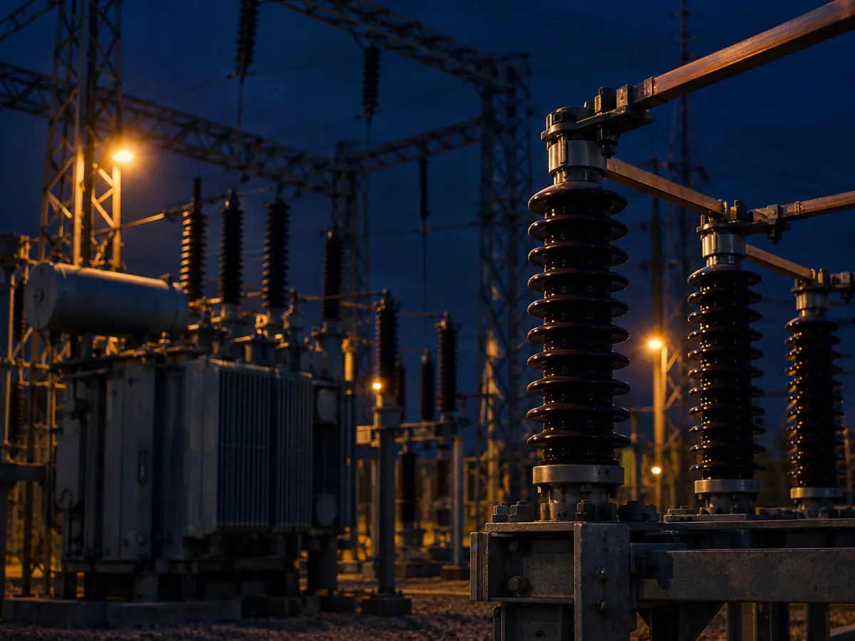 High-voltage substation at a power plant site at night