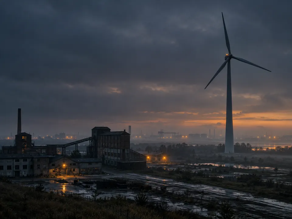A wind turbine at the edge of an old industrial site
